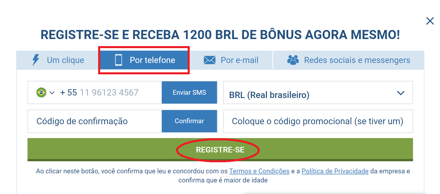 Métodos de registro 1xBet