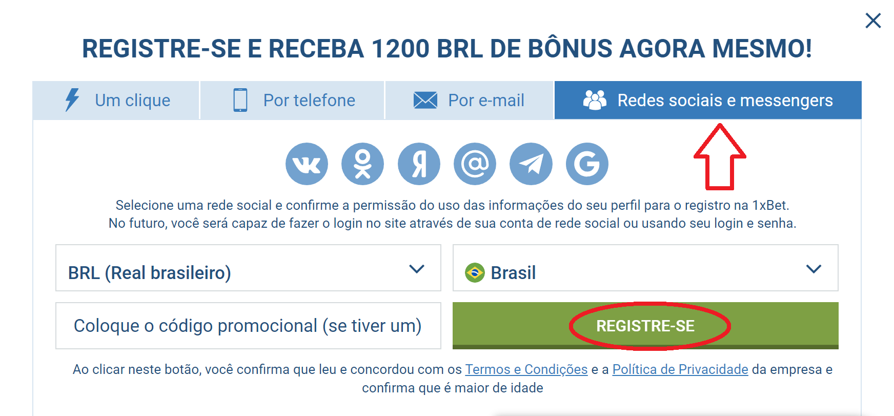 1xBet entrar por meio de redes sociais e mensageiros